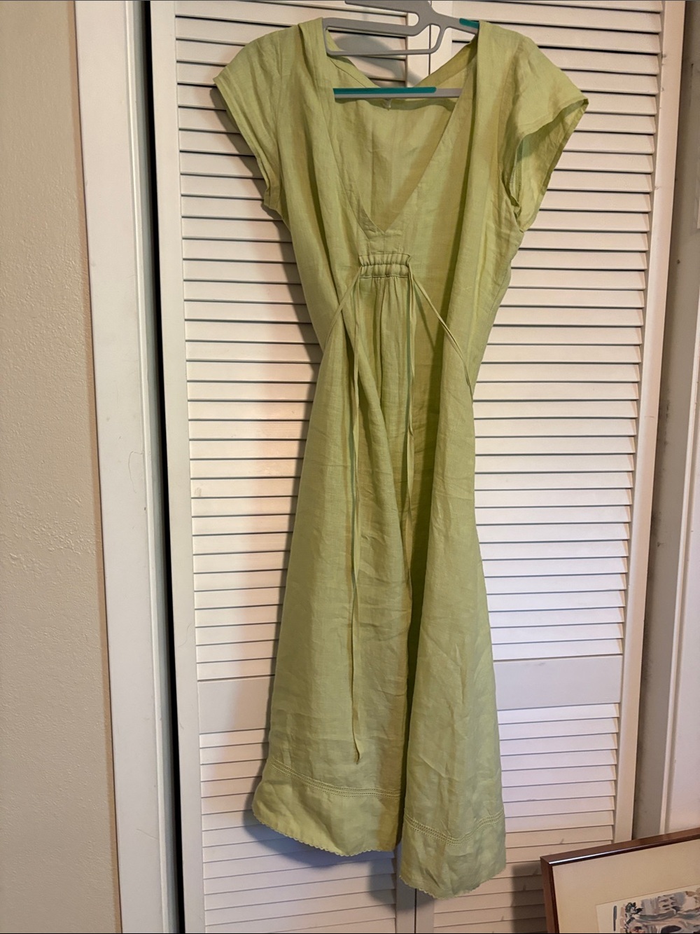 Eileen Fisher Irish linen dress light fern green tie waist short sleeve summer S
